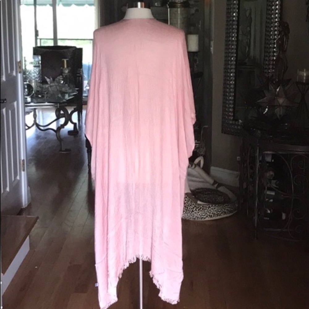 Blush Open Grid Frayed Trim Arm Hole Kimono - Picture 5 of 8